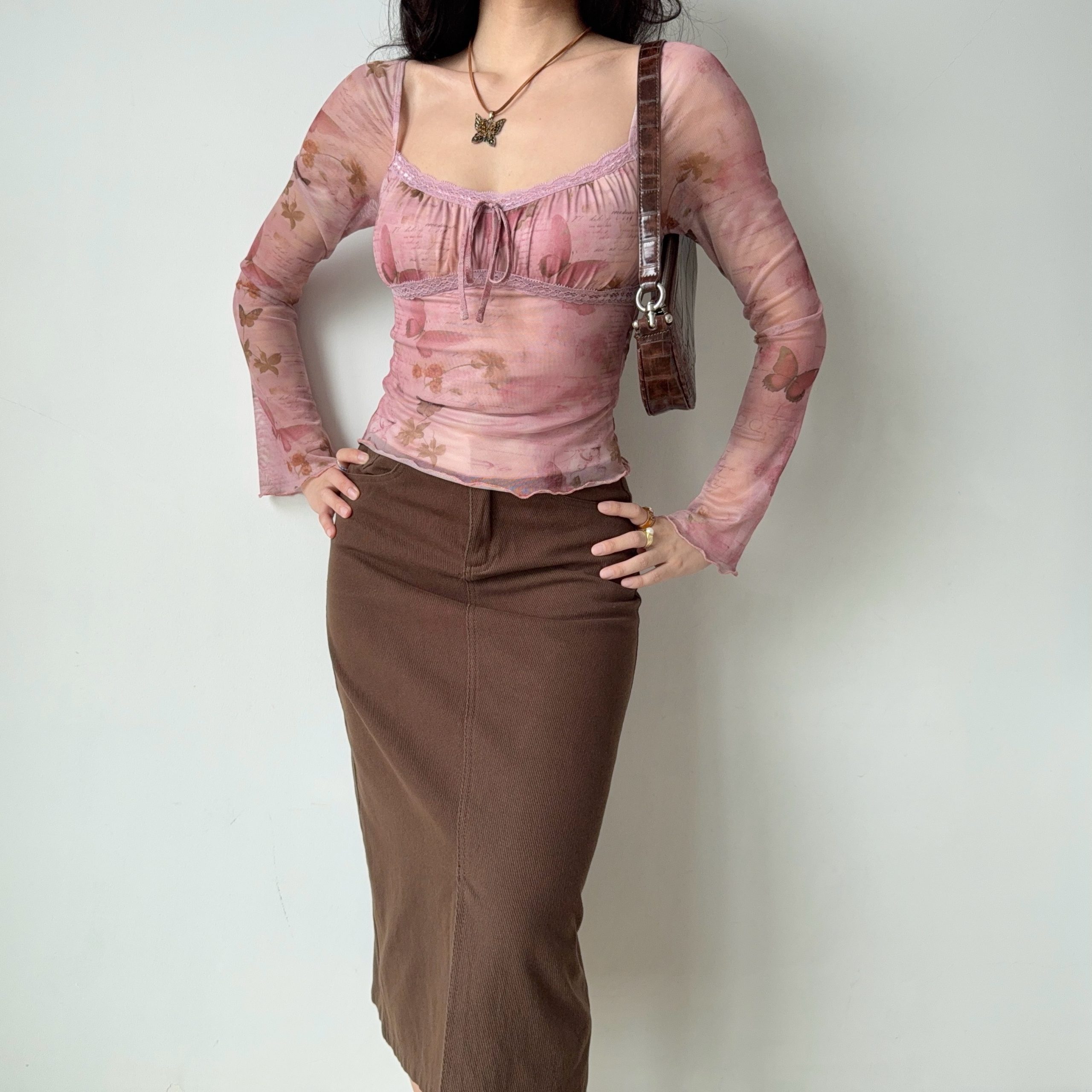 DIY American Vintage Printed Mesh U-Neck Long Sleeve T-Shirt for Women - Pink 90s Style Short Top for Early Spring DIY American Vintage Printed Mesh U-Neck Long Sleeve T-Shirt for Women - Pink 90s Style Short Top for Early Spring