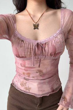DIY American Vintage Printed Mesh U-Neck Long Sleeve T-Shirt for Women - Pink 90s Style Short Top for Early Spring
