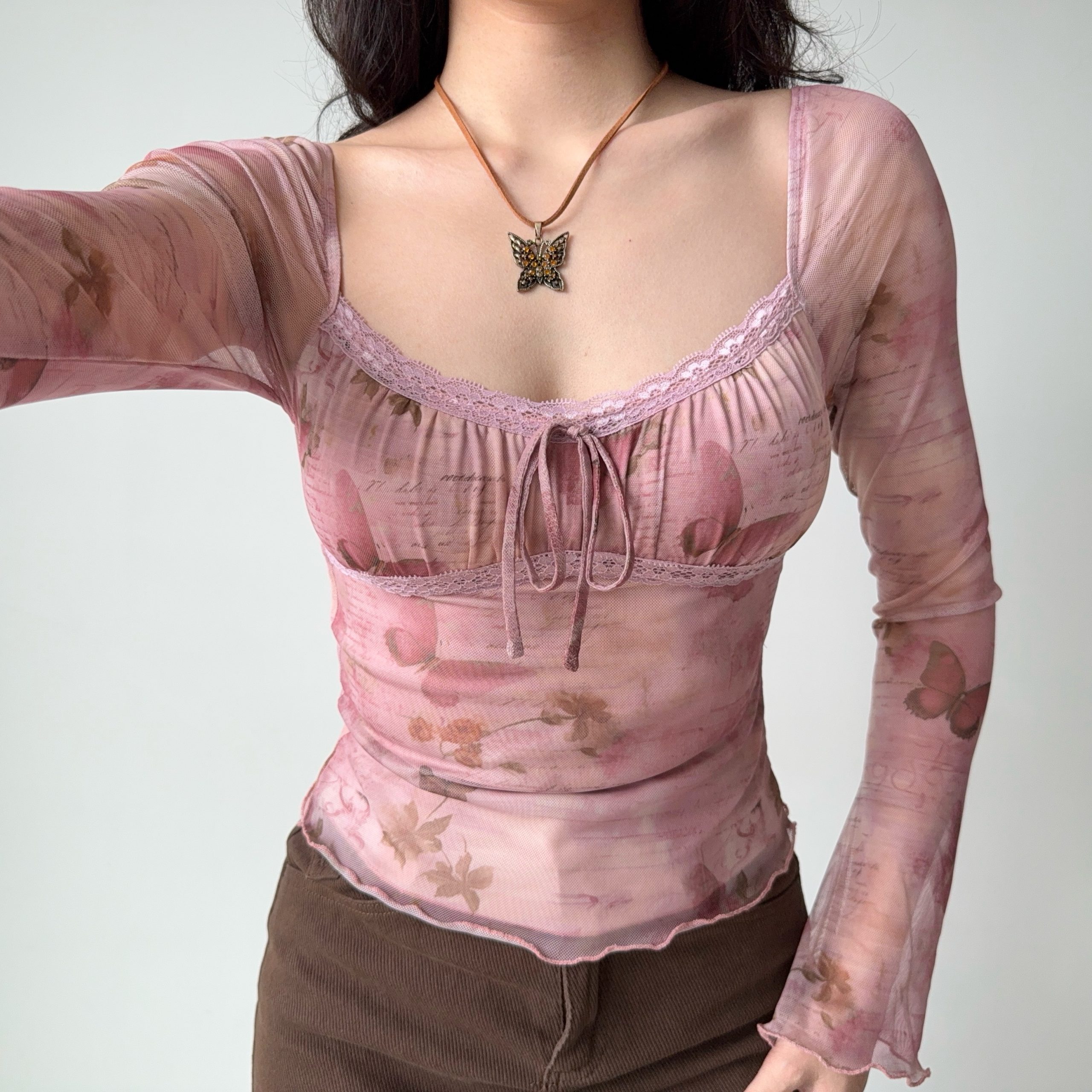 DIY American Vintage Printed Mesh U-Neck Long Sleeve T-Shirt for Women - Pink 90s Style Short Top for Early Spring DIY American Vintage Printed Mesh U-Neck Long Sleeve T-Shirt for Women - Pink 90s Style Short Top for Early Spring