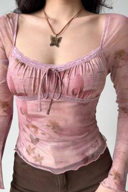 DIY American Vintage Printed Mesh U-Neck Long Sleeve T-Shirt for Women - Pink 90s Style Short Top for Early Spring