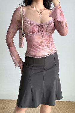 DIY American Vintage Printed Mesh U-Neck Long Sleeve T-Shirt for Women - Pink 90s Style Short Top for Early Spring