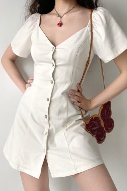 DIY French Vintage V-Neck Short Sleeve A-Line White Dress for Women - Plus Size, Chic Casual Style
