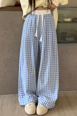 Dopamine Blue Plaid Pants for Women - Relaxed Mid-Waist Straight-Leg Wide-Leg Trousers - Casual 90s Inspired Style