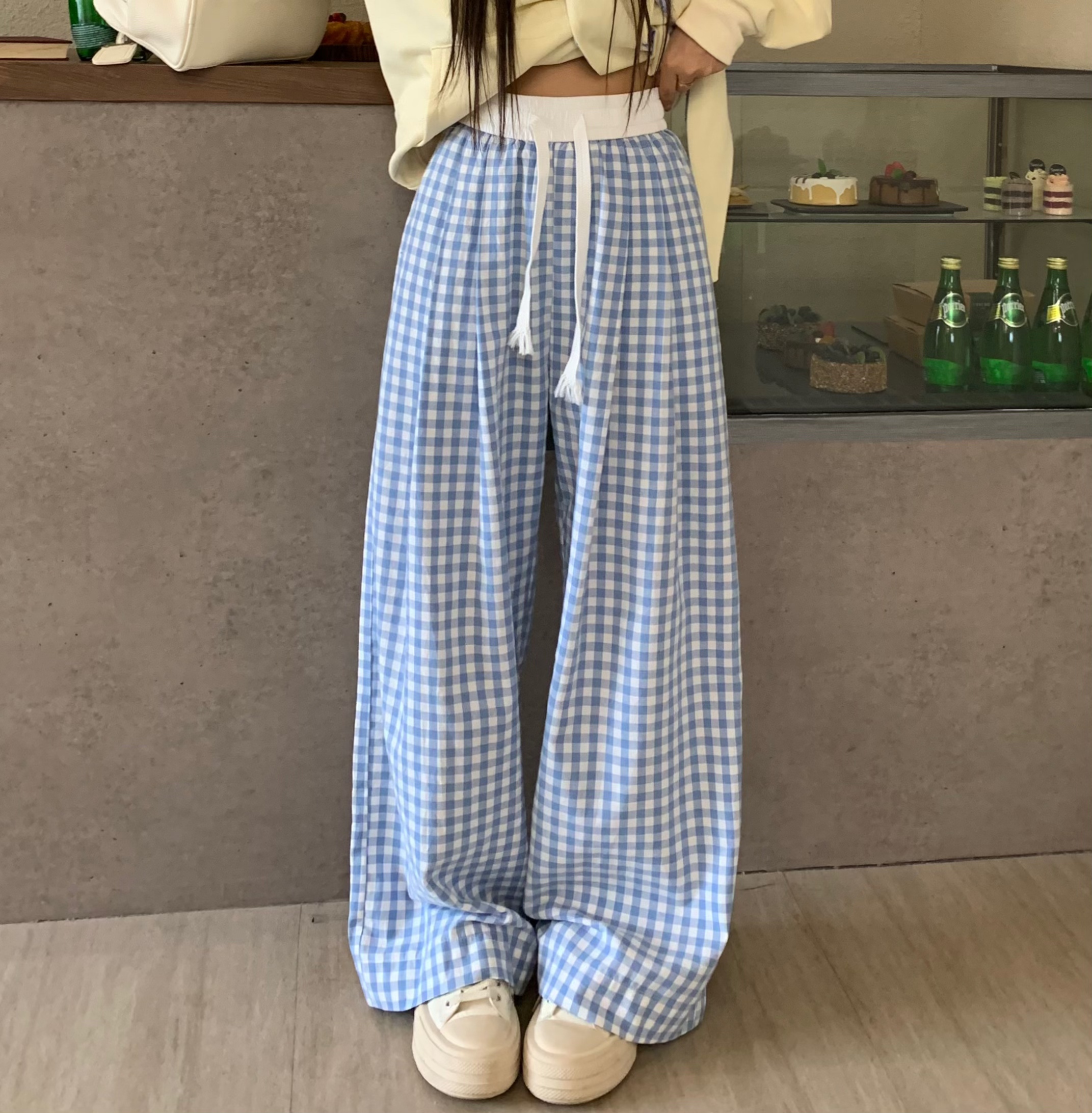 Dopamine Blue Plaid Pants for Women - Relaxed Mid-Waist Straight-Leg Wide-Leg Trousers - Casual 90s Inspired Style Dopamine Blue Plaid Pants for Women - Relaxed Mid-Waist Straight-Leg Wide-Leg Trousers - Casual 90s Inspired Style