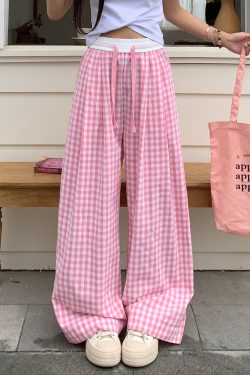 Dopamine Blue Plaid Pants for Women - Relaxed Mid-Waist Straight-Leg Wide-Leg Trousers - Casual 90s Inspired Style