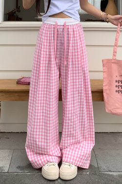 Dopamine Blue Plaid Pants for Women - Relaxed Mid-Waist Straight-Leg Wide-Leg Trousers - Casual 90s Inspired Style