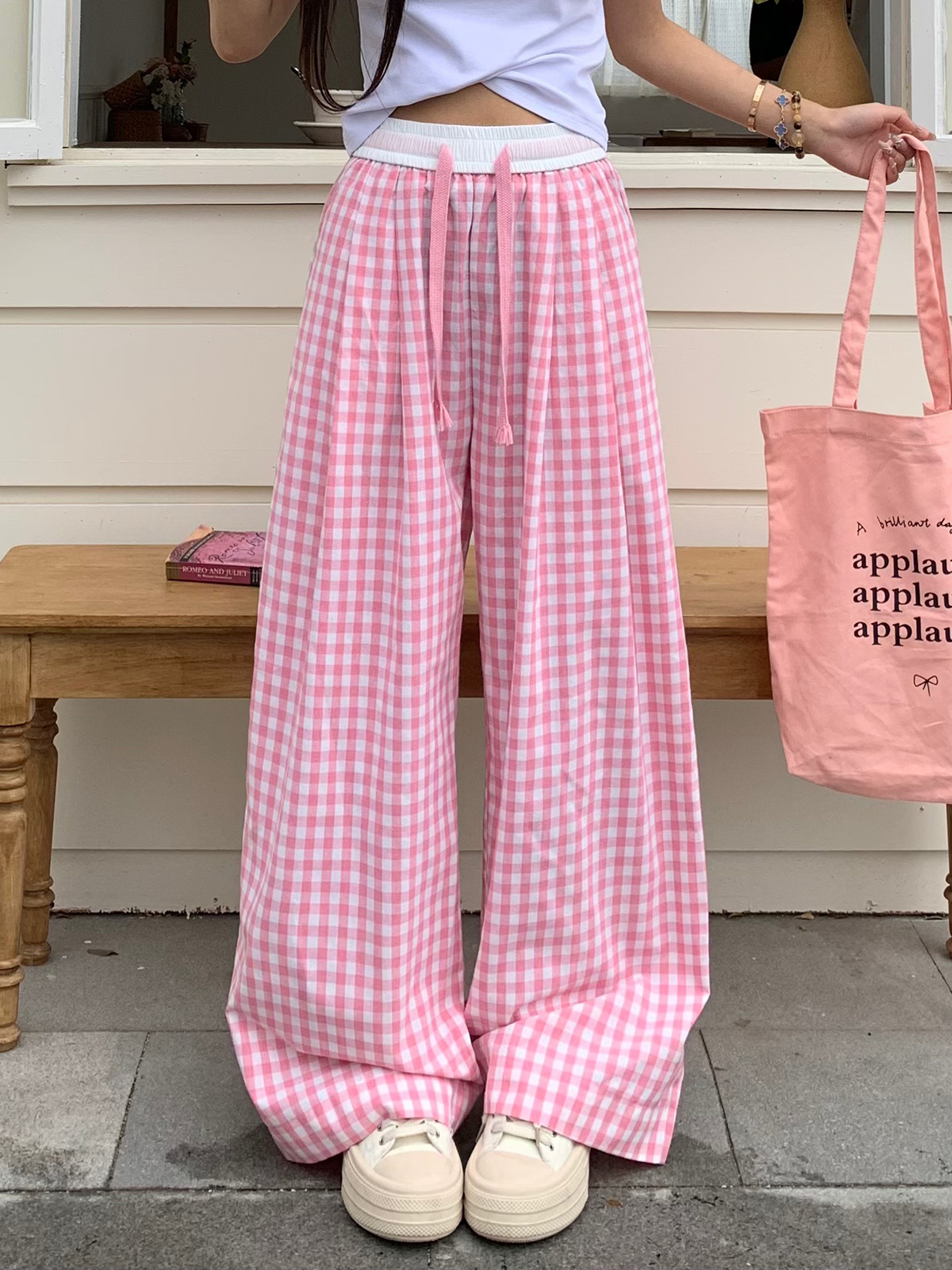 Dopamine Blue Plaid Pants for Women - Relaxed Mid-Waist Straight-Leg Wide-Leg Trousers - Casual 90s Inspired Style Dopamine Blue Plaid Pants for Women - Relaxed Mid-Waist Straight-Leg Wide-Leg Trousers - Casual 90s Inspired Style
