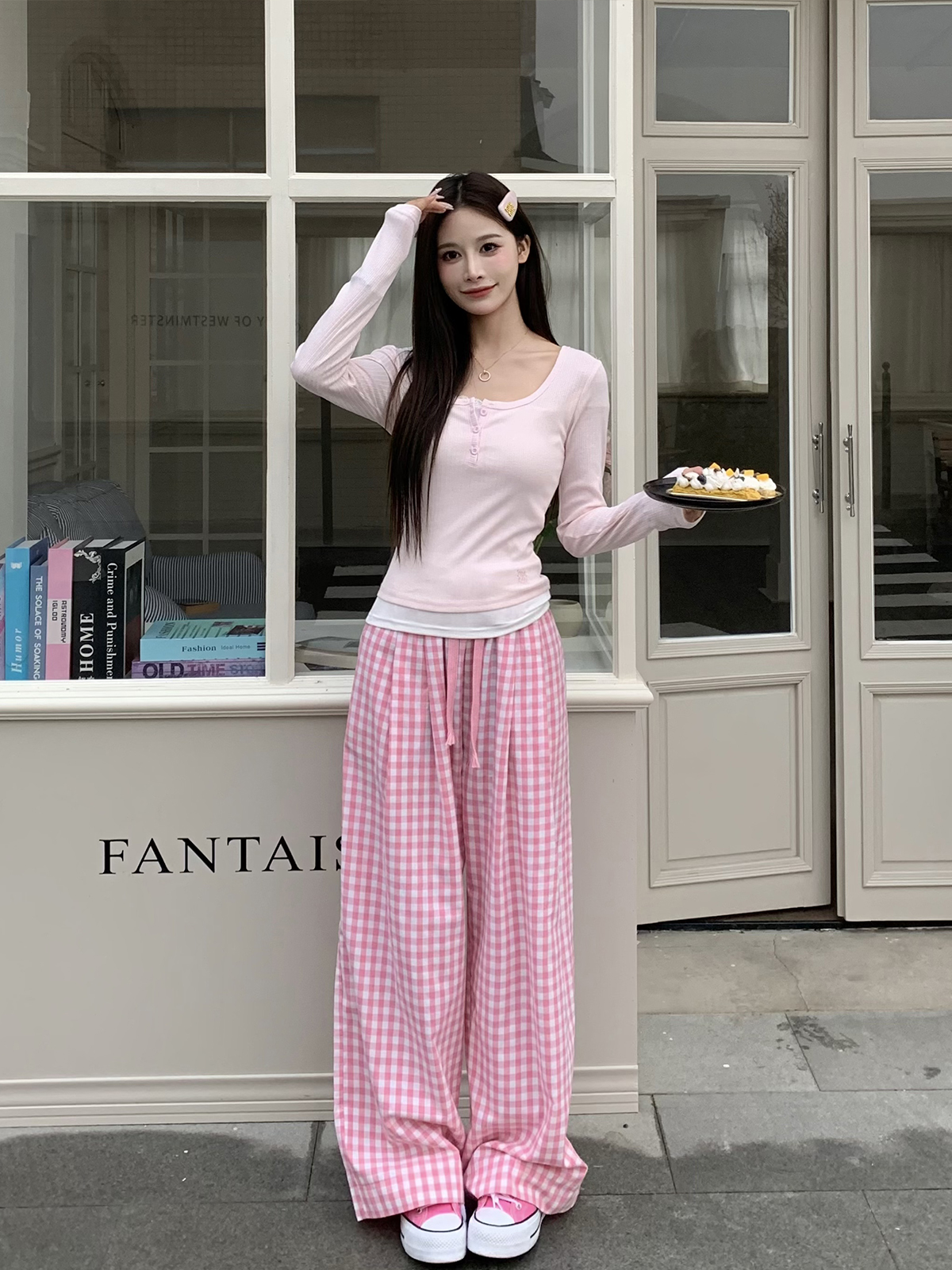 Dopamine Blue Plaid Pants for Women - Relaxed Mid-Waist Straight-Leg Wide-Leg Trousers - Casual 90s Inspired Style Dopamine Blue Plaid Pants for Women - Relaxed Mid-Waist Straight-Leg Wide-Leg Trousers - Casual 90s Inspired Style