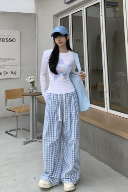 Dopamine Blue Plaid Pants for Women - Relaxed Mid-Waist Straight-Leg Wide-Leg Trousers - Casual 90s Inspired Style