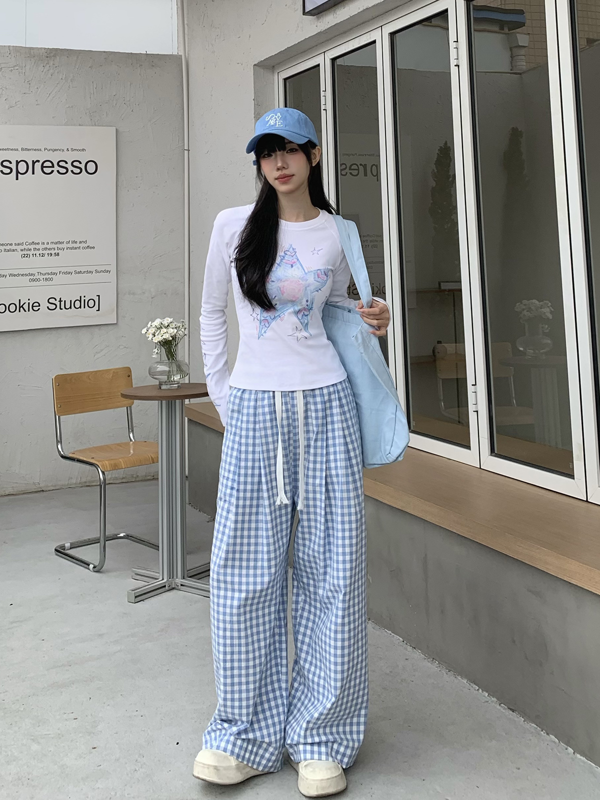 Dopamine Blue Plaid Pants for Women - Relaxed Mid-Waist Straight-Leg Wide-Leg Trousers - Casual 90s Inspired Style Dopamine Blue Plaid Pants for Women - Relaxed Mid-Waist Straight-Leg Wide-Leg Trousers - Casual 90s Inspired Style