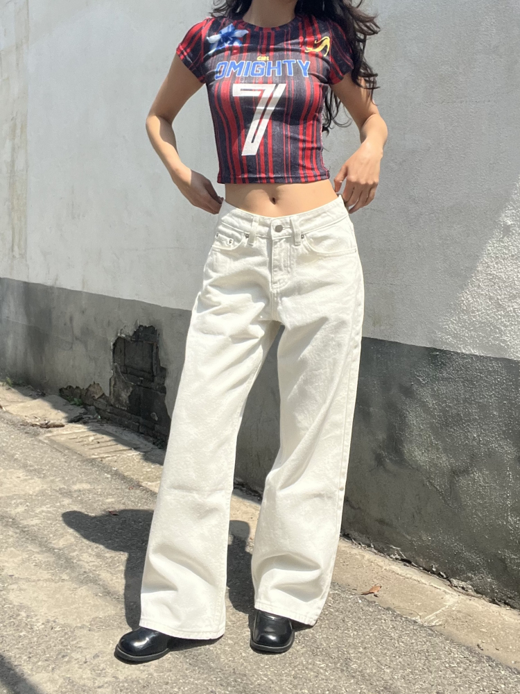 Draped White Straight-Leg Low-Rise Floor-Length Jeans for Women - American Vintage 2025 Style Draped White Straight-Leg Low-Rise Floor-Length Jeans for Women - American Vintage 2025 Style