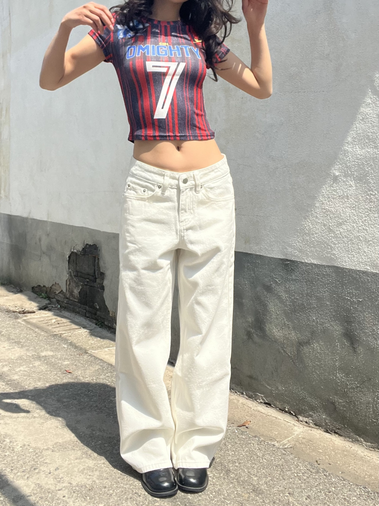 Draped White Straight-Leg Low-Rise Floor-Length Jeans for Women - American Vintage 2025 Style Draped White Straight-Leg Low-Rise Floor-Length Jeans for Women - American Vintage 2025 Style