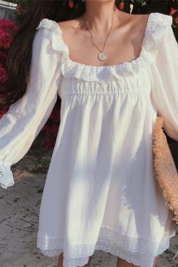 Dreamy Love Skirt - French Vintage Lace Ruffle Cotton Linen White Dress for 2025 Spring/Summer Vacation, Y2K Style