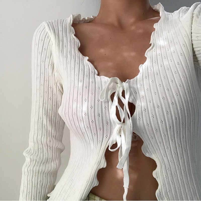 Early Autumn Retro Sweet Lace-Edged V-Neck Hollow Out Tie Long Sleeve Knitted Cardigan Short Jacket Top for Y2K Style Early Autumn Retro Sweet Lace-Edged V-Neck Hollow Out Tie Long Sleeve Knitted Cardigan Short Jacket Top for Y2K Style