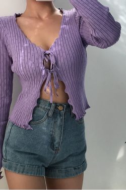 Early Autumn Retro Sweet Lace-Edged V-Neck Hollow Out Tie Long Sleeve Knitted Cardigan Short Jacket Top for Y2K Style