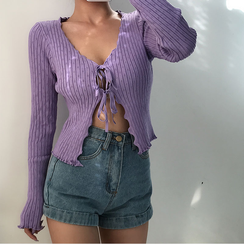 Early Autumn Retro Sweet Lace-Edged V-Neck Hollow Out Tie Long Sleeve Knitted Cardigan Short Jacket Top for Y2K Style Early Autumn Retro Sweet Lace-Edged V-Neck Hollow Out Tie Long Sleeve Knitted Cardigan Short Jacket Top for Y2K Style