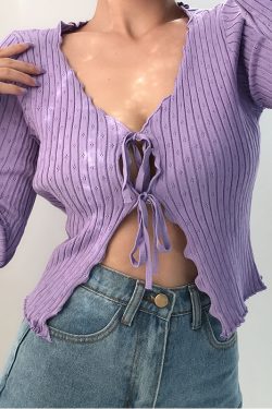 Early Autumn Retro Sweet Lace-Edged V-Neck Hollow Out Tie Long Sleeve Knitted Cardigan Short Jacket Top for Y2K Style