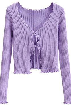 Early Autumn Retro Sweet Lace-Edged V-Neck Hollow Out Tie Long Sleeve Knitted Cardigan Short Jacket Top for Y2K Style