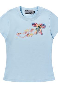 Elastic Knitted Crayon Flower Short-Sleeve Summer T-Shirt for Women - Waist-Cinching Slim Fit, Trendy Y2K Style