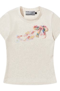 Elastic Knitted Crayon Flower Short-Sleeve Summer T-Shirt for Women - Waist-Cinching Slim Fit, Trendy Y2K Style