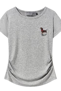 Elastic Knitted Embroidered Puppy Short Sleeve Summer T-Shirt for Women - Slim Fit, Casual Style, Perfect for 90s and Y2K Fashion