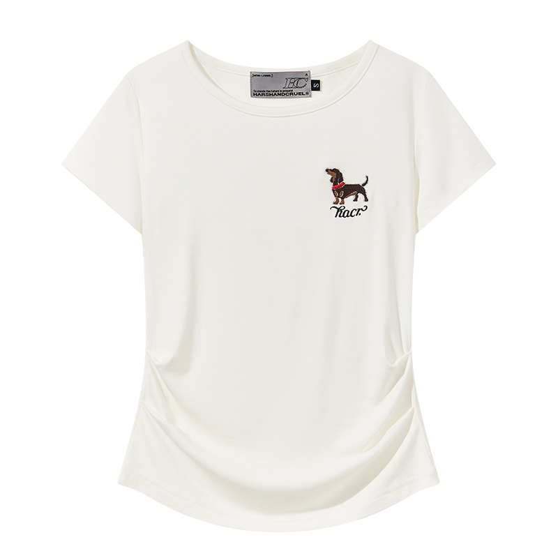 Elastic Knitted Embroidered Puppy Short Sleeve Summer T-Shirt for Women - Slim Fit, Casual Style, Perfect for 90s and Y2K Fashion Elastic Knitted Embroidered Puppy Short Sleeve Summer T-Shirt for Women - Slim Fit, Casual Style, Perfect for 90s and Y2K Fashion