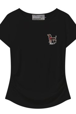 Elastic Knitted Embroidered Puppy Short Sleeve Summer T-Shirt for Women - Slim Fit, Casual Style, Perfect for 90s and Y2K Fashion