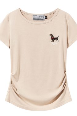Elastic Knitted Embroidered Puppy Short Sleeve Summer T-Shirt for Women - Slim Fit, Casual Style, Perfect for 90s and Y2K Fashion