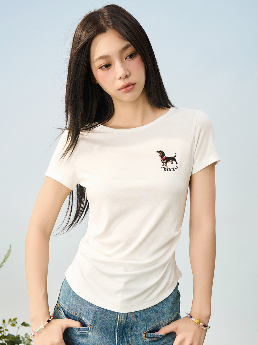 Elastic Knitted Embroidered Puppy Short Sleeve Summer T-Shirt for Women - Slim Fit, Casual Style, Perfect for 90s and Y2K Fashion Elastic Knitted Embroidered Puppy Short Sleeve Summer T-Shirt for Women - Slim Fit, Casual Style, Perfect for 90s and Y2K Fashion