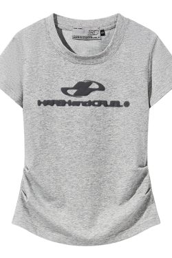 Elastic Knitted Logo Short-Sleeve Summer T-Shirt for Women - Slim Fit Casual Top, Perfect for 90s and Y2K Styles