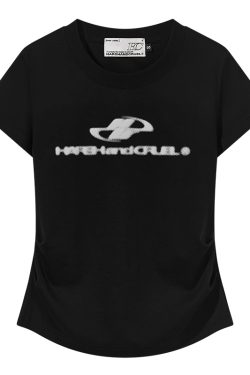 Elastic Knitted Logo Short-Sleeve Summer T-Shirt for Women - Slim Fit Casual Top, Perfect for 90s and Y2K Styles