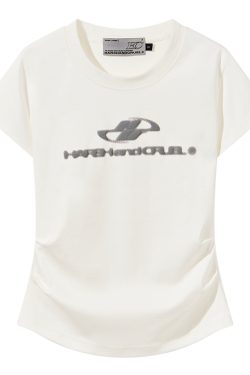 Elastic Knitted Logo Short-Sleeve Summer T-Shirt for Women - Slim Fit Casual Top, Perfect for 90s and Y2K Styles