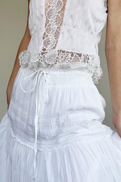 Elegant French White A-Line Long Skirt for Women with Lace Trim, Tie Waist, and Flared Hem - Chic Summer Fashion