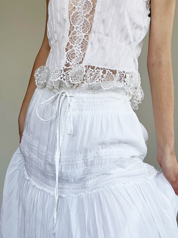 Elegant French White A-Line Long Skirt for Women with Lace Trim, Tie Waist, and Flared Hem - Chic Summer Fashion Elegant French White A-Line Long Skirt for Women with Lace Trim, Tie Waist, and Flared Hem - Chic Summer Fashion