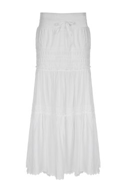 Elegant French White A-Line Long Skirt for Women with Lace Trim, Tie Waist, and Flared Hem - Chic Summer Fashion