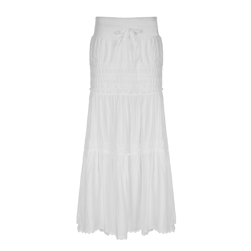 Elegant French White A-Line Long Skirt for Women with Lace Trim, Tie Waist, and Flared Hem - Chic Summer Fashion Elegant French White A-Line Long Skirt for Women with Lace Trim, Tie Waist, and Flared Hem - Chic Summer Fashion