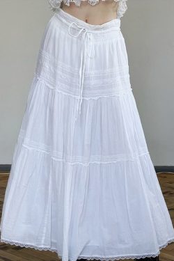 Elegant French White A-Line Long Skirt for Women with Lace Trim, Tie Waist, and Flared Hem - Chic Summer Fashion