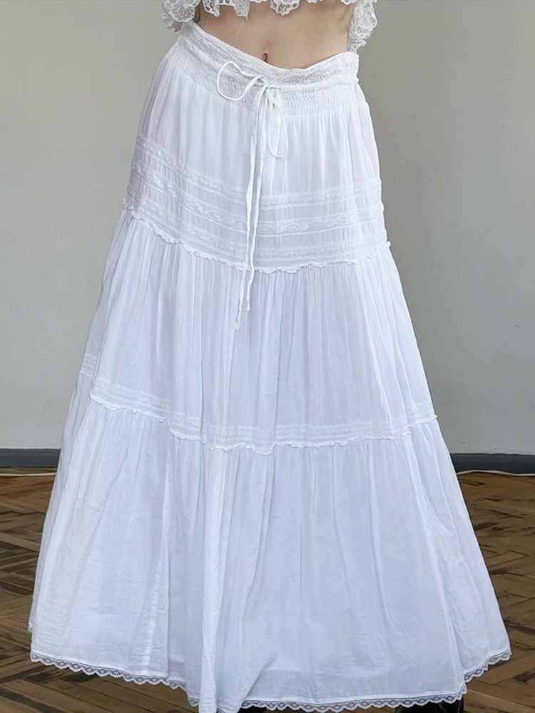 Elegant French White A-Line Long Skirt for Women with Lace Trim, Tie Waist, and Flared Hem - Chic Summer Fashion Elegant French White A-Line Long Skirt for Women with Lace Trim, Tie Waist, and Flared Hem - Chic Summer Fashion