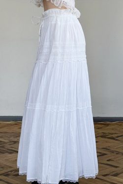 Elegant French White A-Line Long Skirt for Women with Lace Trim, Tie Waist, and Flared Hem - Chic Summer Fashion