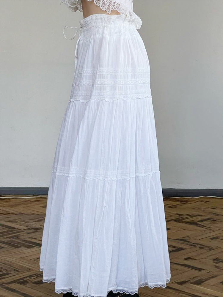 Elegant French White A-Line Long Skirt for Women with Lace Trim, Tie Waist, and Flared Hem - Chic Summer Fashion Elegant French White A-Line Long Skirt for Women with Lace Trim, Tie Waist, and Flared Hem - Chic Summer Fashion