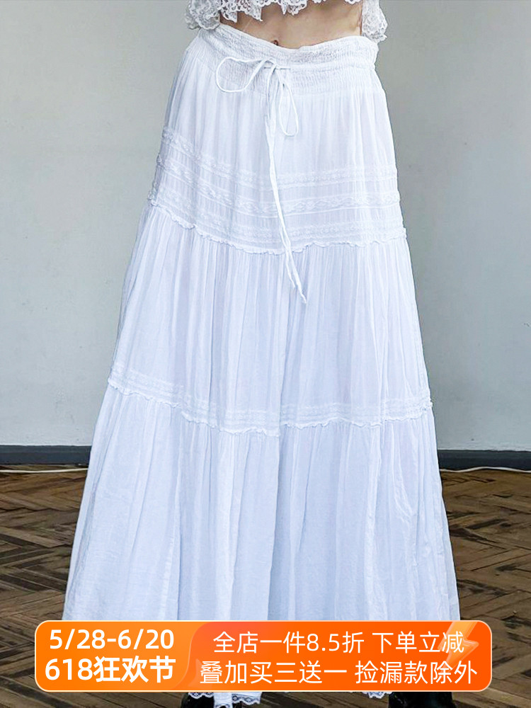 Elegant French White A-Line Long Skirt for Women with Lace Trim, Tie Waist, and Flared Hem - Chic Summer Fashion Elegant French White A-Line Long Skirt for Women with Lace Trim, Tie Waist, and Flared Hem - Chic Summer Fashion