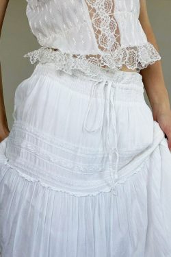 Elegant French White A-Line Long Skirt for Women with Lace Trim, Tie Waist, and Flared Hem - Chic Summer Fashion
