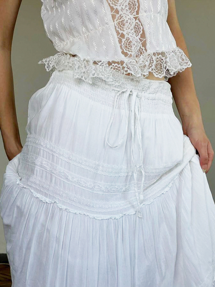 Elegant French White A-Line Long Skirt for Women with Lace Trim, Tie Waist, and Flared Hem - Chic Summer Fashion Elegant French White A-Line Long Skirt for Women with Lace Trim, Tie Waist, and Flared Hem - Chic Summer Fashion