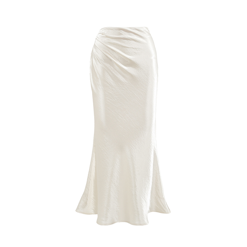 Elegant Glossy Satin Half-Length Mermaid Skirt - French Style Commuting High-End White Midi Skirt for Chic Outfits Elegant Glossy Satin Half-Length Mermaid Skirt - French Style Commuting High-End White Midi Skirt for Chic Outfits