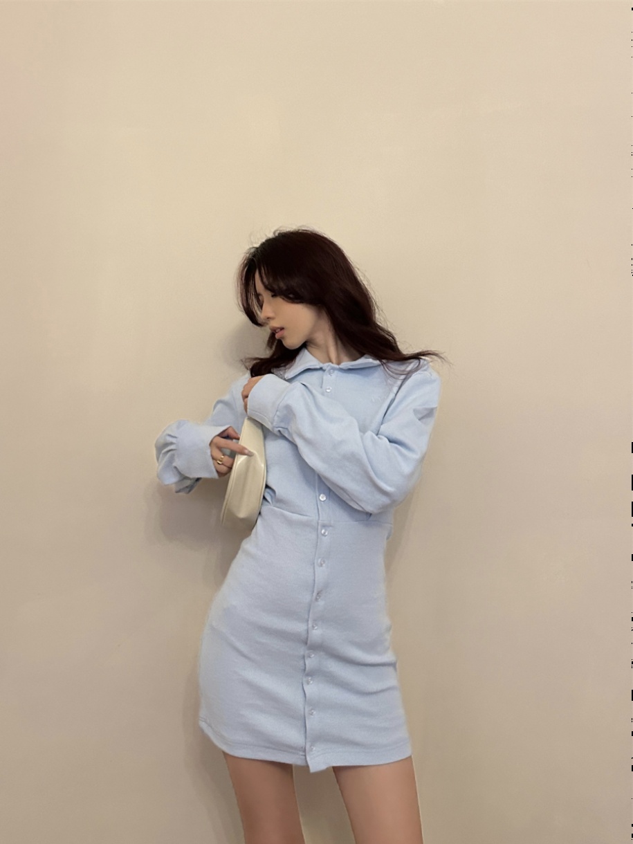 Elegant Polo Dress with Waist-Cinching and Bodycon Skirt in Organic Cotton - 2025 Spring American Style Long Sleeve Dress Elegant Polo Dress with Waist-Cinching and Bodycon Skirt in Organic Cotton - 2025 Spring American Style Long Sleeve Dress