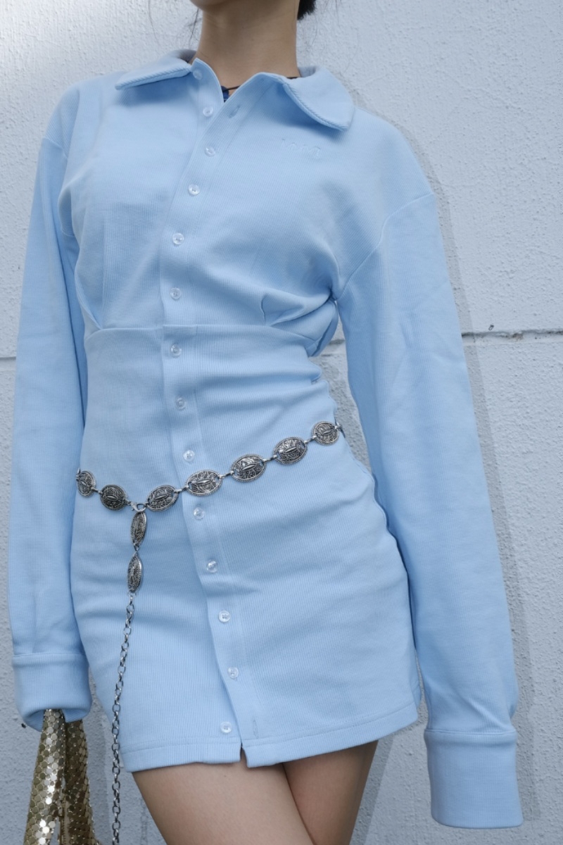 Elegant Polo Dress with Waist-Cinching and Bodycon Skirt in Organic Cotton - 2025 Spring American Style Long Sleeve Dress