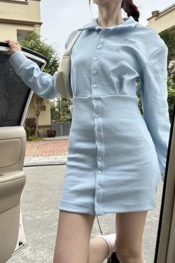 Elegant Polo Dress with Waist-Cinching and Bodycon Skirt in Organic Cotton - 2025 Spring American Style Long Sleeve Dress