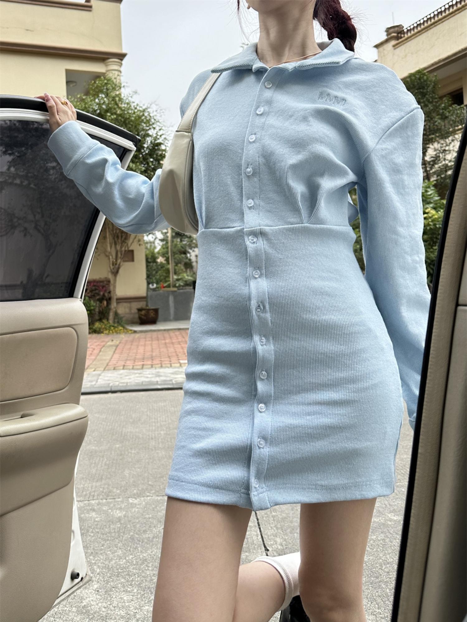 Elegant Polo Dress with Waist-Cinching and Bodycon Skirt in Organic Cotton - 2025 Spring American Style Long Sleeve Dress Elegant Polo Dress with Waist-Cinching and Bodycon Skirt in Organic Cotton - 2025 Spring American Style Long Sleeve Dress