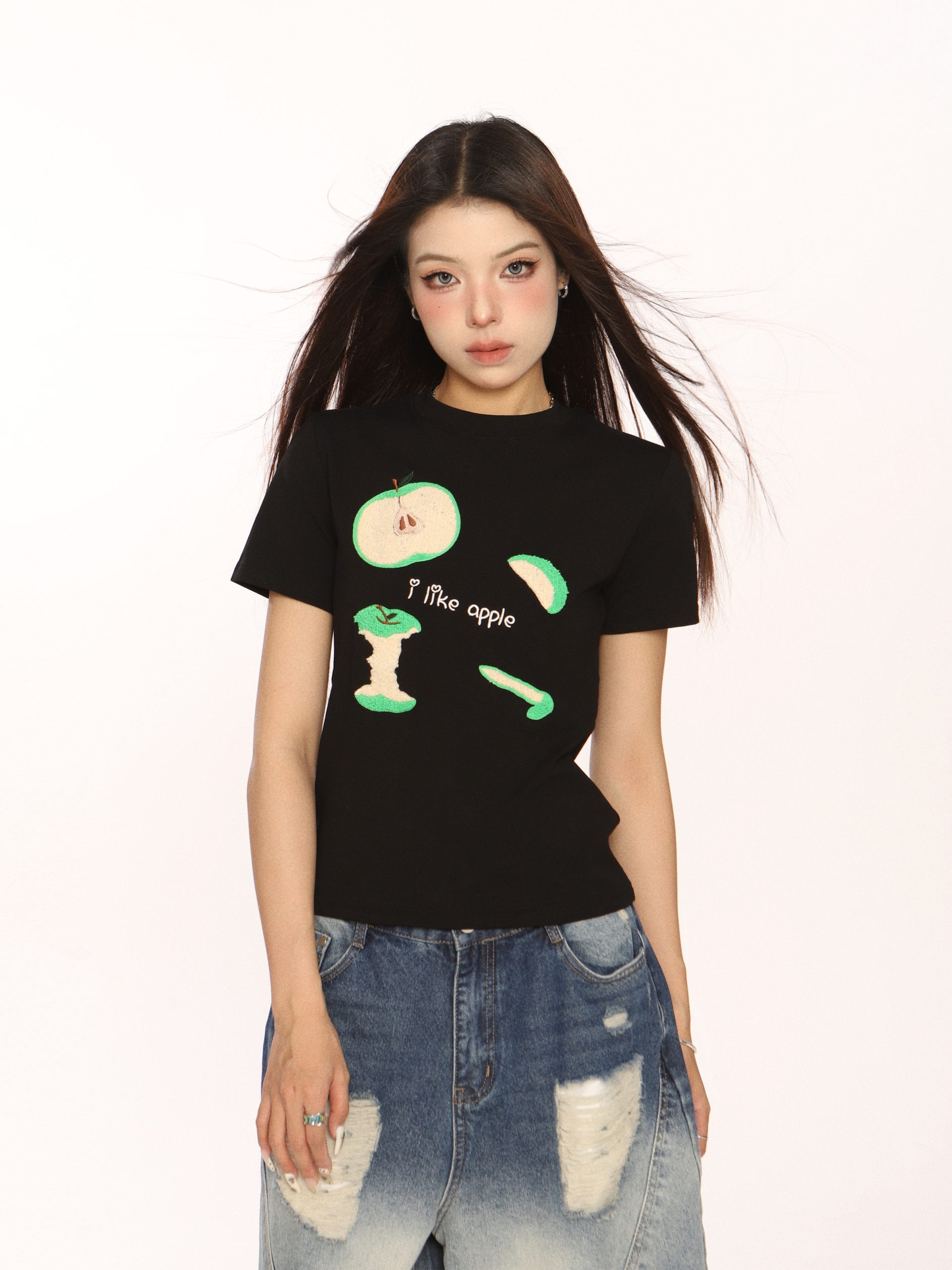 Embroidered Apple Short Sleeve T-Shirt for Women, Slim Fit American Style, White Hot Girl Top, Casual Y2K Fashion Embroidered Apple Short Sleeve T-Shirt for Women, Slim Fit American Style, White Hot Girl Top, Casual Y2K Fashion