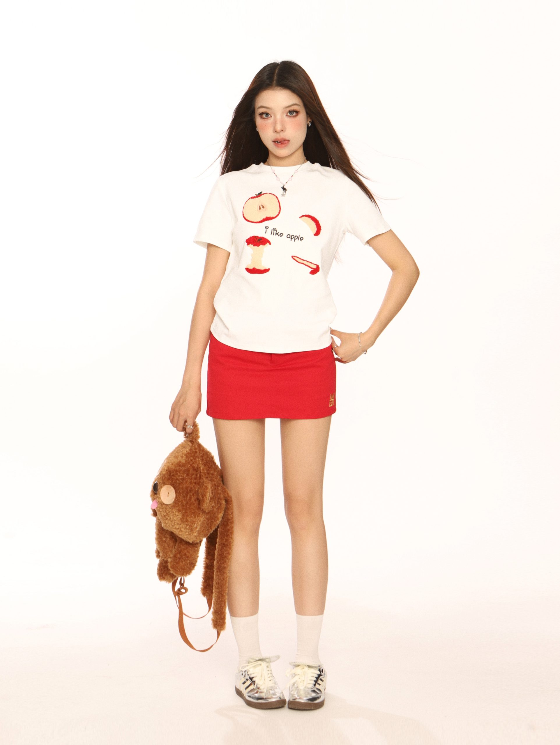 Embroidered Apple Short Sleeve T-Shirt for Women, Slim Fit American Style, White Hot Girl Top, Casual Y2K Fashion Embroidered Apple Short Sleeve T-Shirt for Women, Slim Fit American Style, White Hot Girl Top, Casual Y2K Fashion